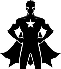 black silhouette of a superhero in a cape with a star on his chest