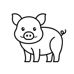 A simple, charming line drawing of a happy pig with big eyes and a curly tail, perfect for children's designs.