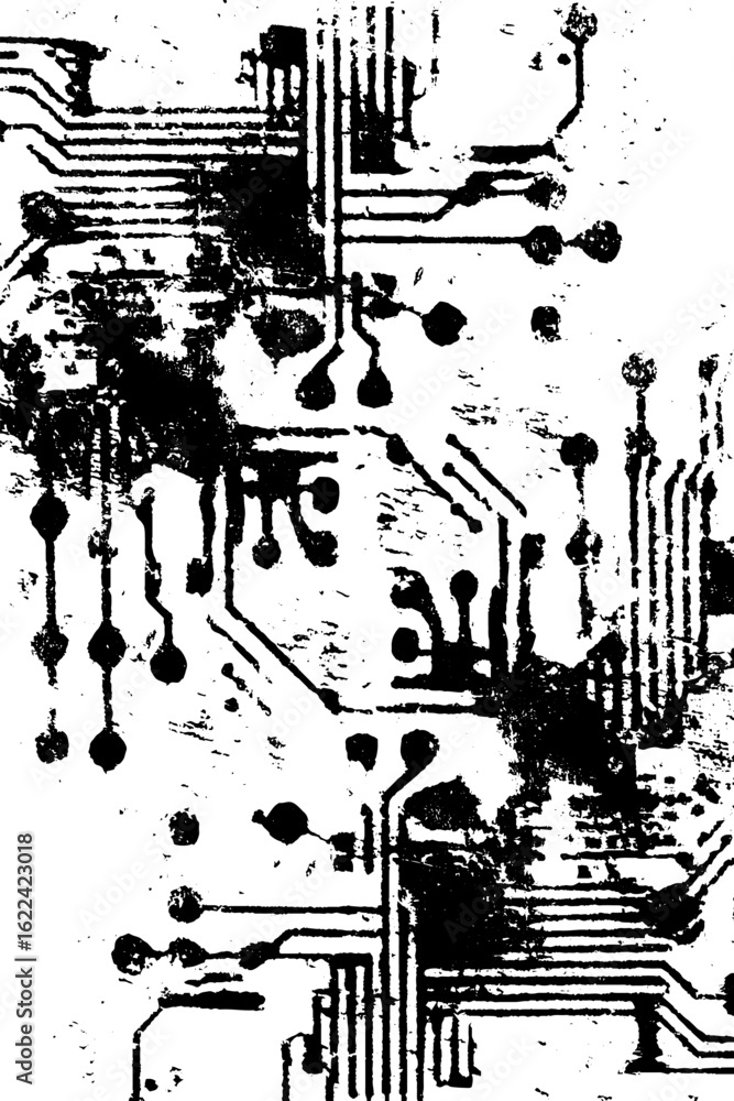 Poster monochrome circuit board pattern with electronic grunge art for tech design