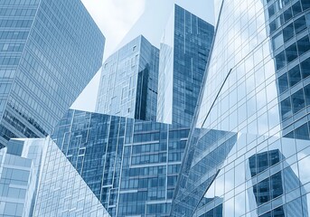 Fototapeta premium Modern skyscrapers with glass facades create a geometric pattern against a blue sky, reflecting urban business and corporate architecture