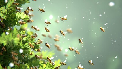 Bees flitting around vibrant green foliage