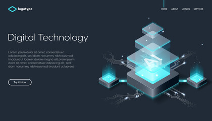 Abstract web page template for digital technology or blockchain on wavy stylish background. Network infrastructure website layout concept. Isometric vector illustration with artificial intelligence.