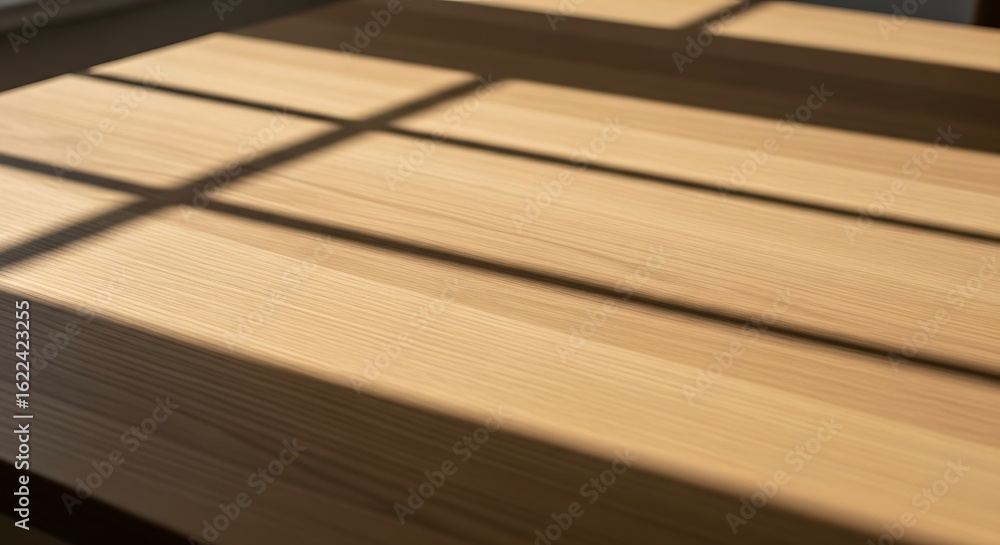 Poster sunlight casting window shadows on the surface of a light wood table creating geometric patterns