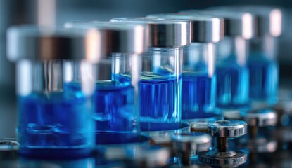 Close-up of multiple small, clear glass beakers filled with vibrant blue liquid, mounted on a metallic apparatus