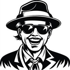 Monochrome joyful man smiles with fedora, sunglasses, and suit in bold artwork