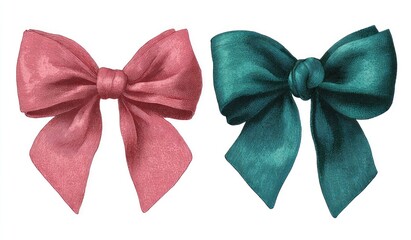 Two illustrated bows, pink and teal, on white