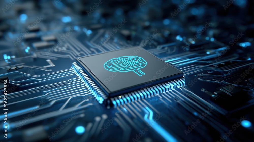 Poster microchip with glowing brain design on a circuit board conveying advanced technology in digital inno