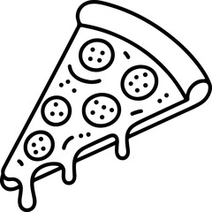 Simple black and white line drawing of a delicious pepperoni pizza slice with melted cheese