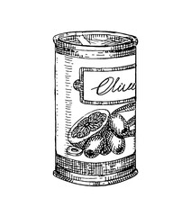 Engraved vintage sketch of canned Greece olives. Drawing tin packaging of food. Closed metal bottle of preserve. Container of conserve. Hand drawn isolated vector illustration on white background