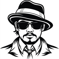 Monochrome confident man wears sunglasses, fedora, and jacket; a stylized icon