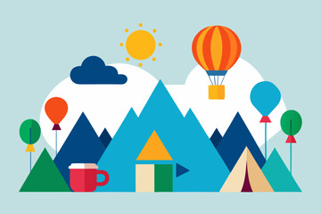 Flat design mountain landscape with hot air balloons and camping elements