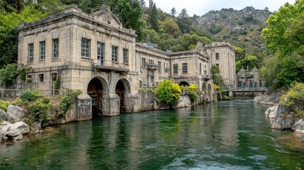 Fototapeta premium Old stone building by a river, lush surroundings