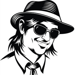 Man smiling while wearing sunglasses and fedora hat in black and white image
