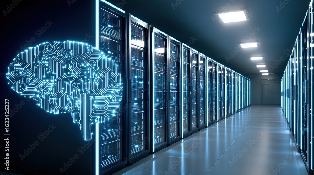 Poster digital brain concept illustrating artificial intelligence in a modern data center environment