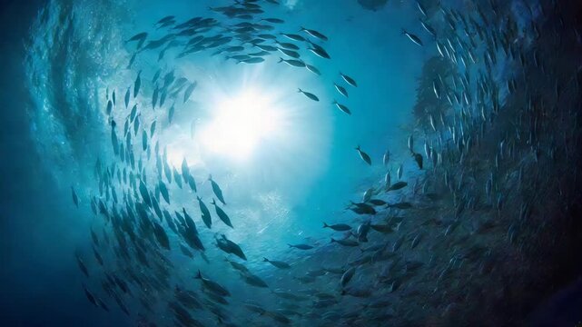 School of fish swirling toward ocean light