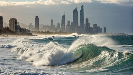 Coastal Cityscape with Ocean Waves