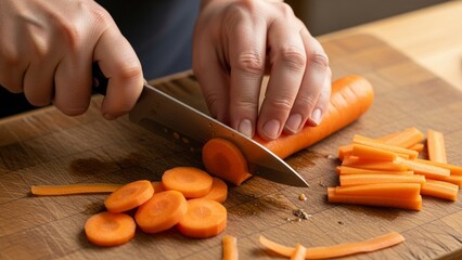 Slicing Carrots for Cooking. Chef Preparing Fresh Carrots. Hands Chopping Carrots on a Board. Close-Up of Cutting a Carrot