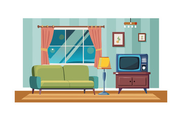Cozy living room scene with vintage television and sofa