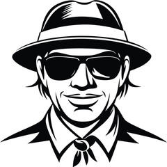 Smiling man with hat and sunglasses shows confidence in black and white vector