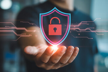 Digital security shield and padlock floating above open hand