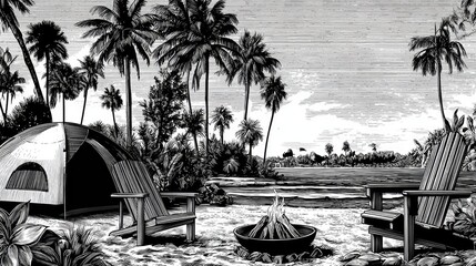 Tropical beach camping scene with a campfire.