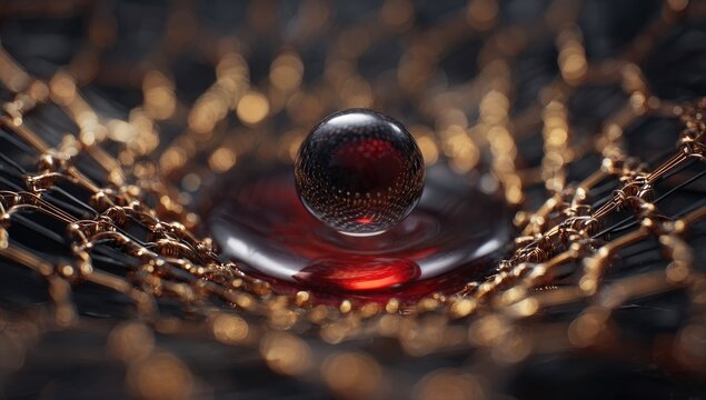 Dark, glowing red sphere resting on a golden mesh - Powered by Adobe