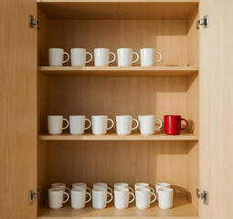 A bright shelf neatly arranged with white mugs and one red mug, creating a simple yet striking contrast in a minimalist kitchen setting.
