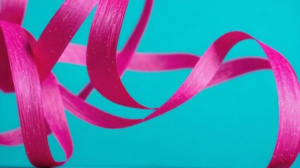A close-up shot of a pink ribbon against a bright blue background, perfect for uses such as breast cancer awareness or fundraising campaigns