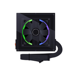 Cooler with neon lighting for modern desktop computer case. PC fan with cable for cooling tower unit. Technology, system of ventilation. Flat isolated vector illustration on white background