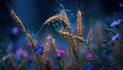 Golden wheat ears, dew drops, vibrant flowers in soft twilight