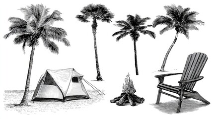 A hand-drawn illustration of a beach campsite.