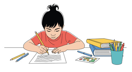 Young student diligently works on a challenging assignment surrounded by study materials on a wooden desk