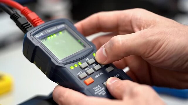 Hands operate a cable tester with illuminated indicators and a small screen, plugged with red & black cables