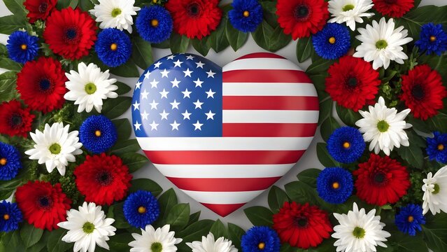 Patriotic heart with american flag and flowers, a symbol of love and remembrance - Powered by Adobe