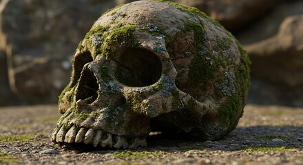 Moss-Covered Skull: A 3D Render of Time's Passage