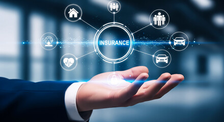 Businessman holding a digital network of insurance services and icons