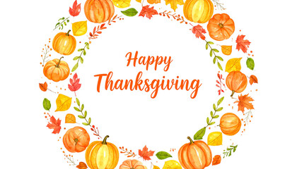 Thanksgiving greeting card design with autumn wreath and festive font, isolated on transparent background PNG