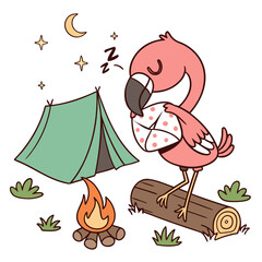 Sleepy Flamingo with hugging a pillow, set in a charming Camping trip theme – Campfire Glow color vector art
