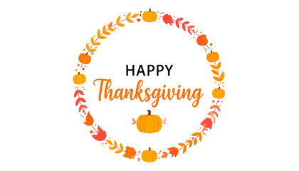 Thanksgiving greeting card design with autumn wreath and festive font, isolated on transparent background.