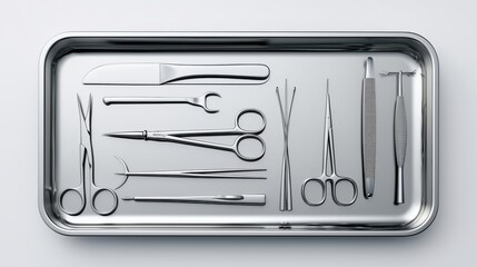 Surgical instruments arranged neatly on a stainless steel tray for medical procedures in a sterile environment