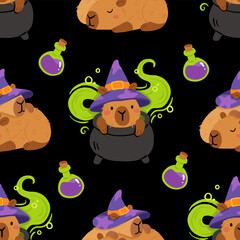 Cute Halloween capybara seamless pattern, spooky cartoon capybaras dressed as mummy, ghost, witch, pumpkin, with gravestone, candles, broom, toilet paper and pumpkins, kawaii animal vector background