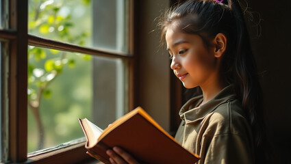 Naklejka premium Student reading book at window with leaf shadows on face, dreamy and warm