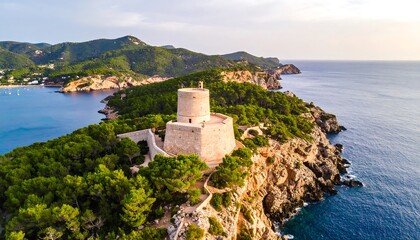 Coastal sentinel ancient watchtower overlooking the azure waters of ibiza spain