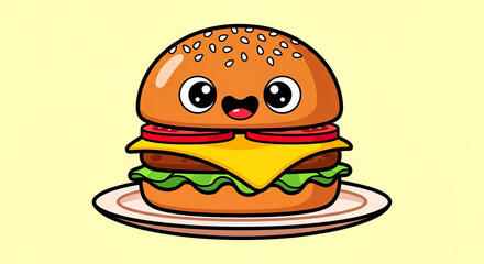 Cute kawaii burger character on a plate