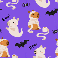 Cute Halloween capybara seamless pattern, spooky cartoon capybaras dressed as mummy, ghost, witch, pumpkin, with gravestone, candles, broom, toilet paper and pumpkins, kawaii animal vector background