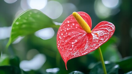 Vibrant Red Anthurium Flower with Yellow Spadix in a Lush Green Setting