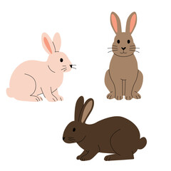 Flat illustration of three rabbits in different colors and poses. Simple cartoon style with clean lines, ideal for childrens books, spring themes, Easter designs, and educational materials. Vector