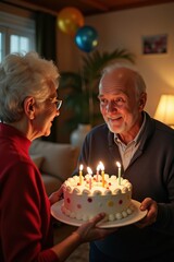 An old white man is giving a birthday cake with lit candles to an old woman. They are in a cozy living room with soft lights and birthday balloons