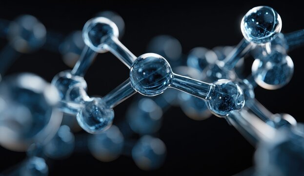 Abstract molecular structure, crystal clear, translucent,  blue spheres interconnected by transparent rods against a black background
