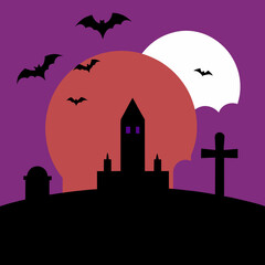 Spooky halloween night with bats a haunted castle and a graveyard